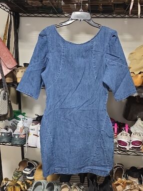Dollhouse Denim-Look Scoop Neck Mini Dress in Blue